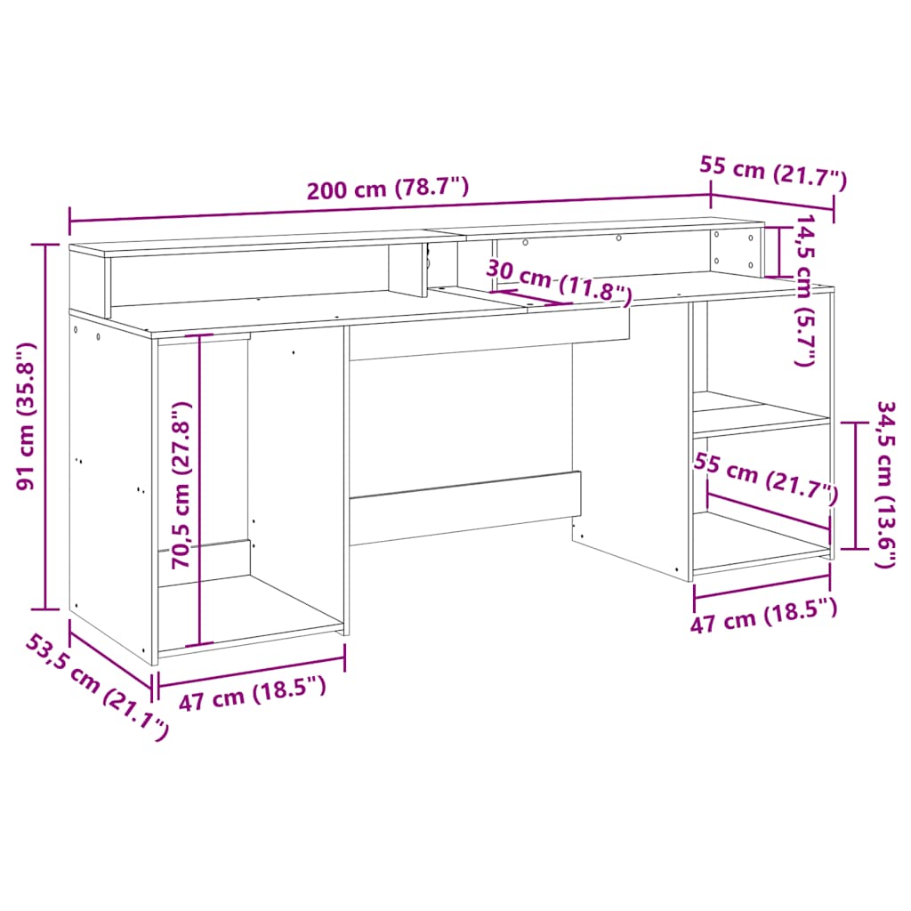 Radni stol s LED svjetlima crni 200x55x91 cm konstruirano drvo