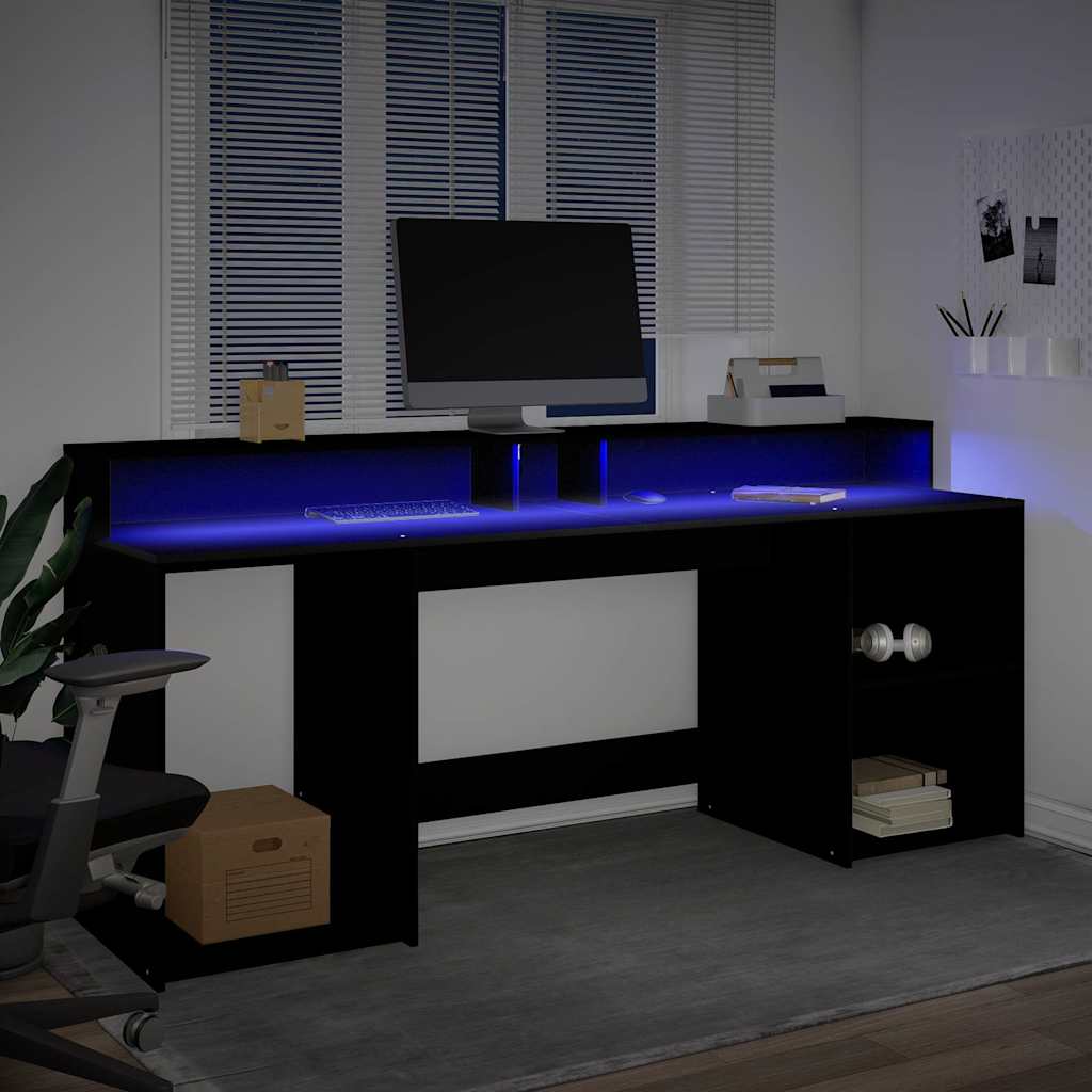 Radni stol s LED svjetlima crni 200x55x91 cm konstruirano drvo