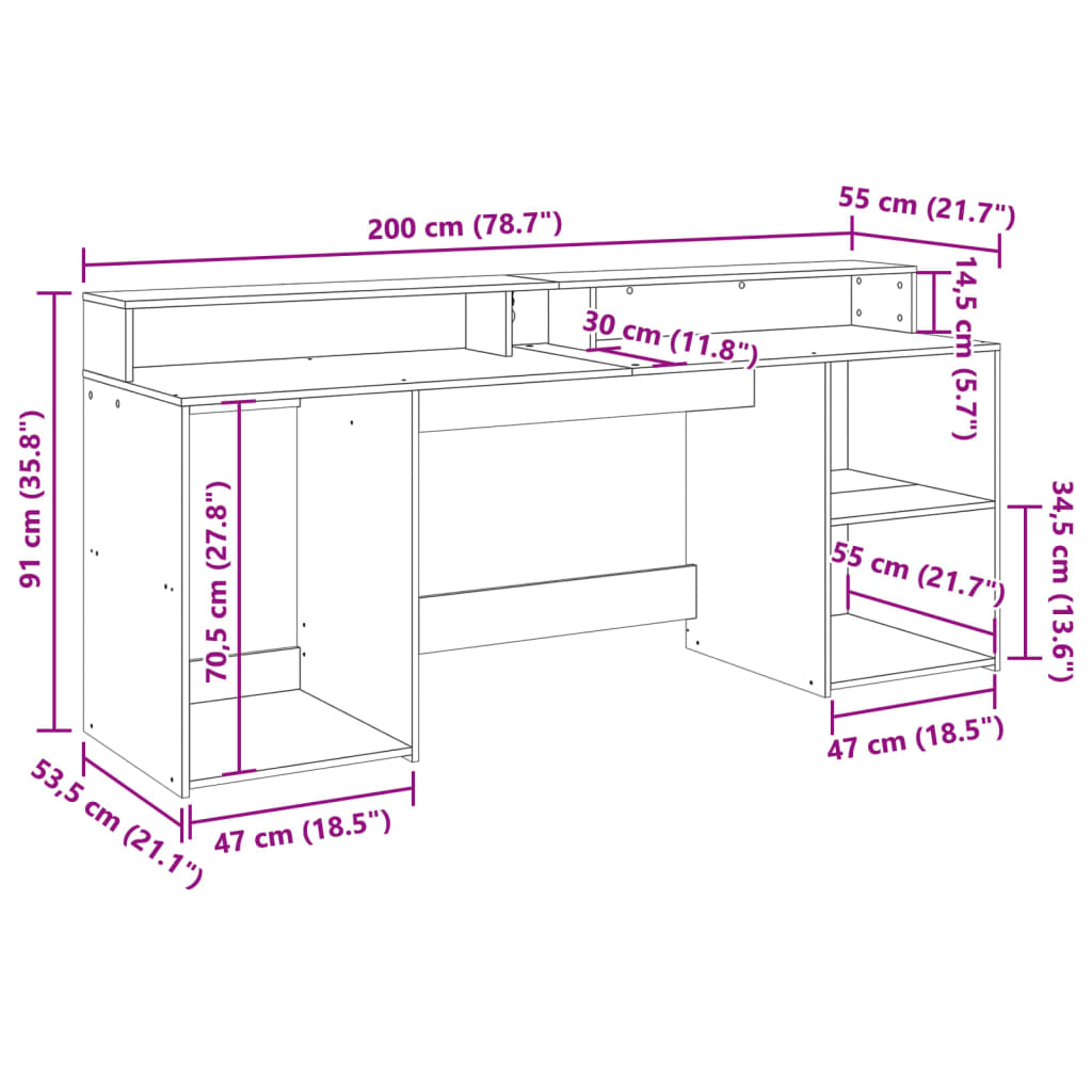 Radni stol s LED svjetlima boja hrasta 200 x 55 x 91 cm drveni