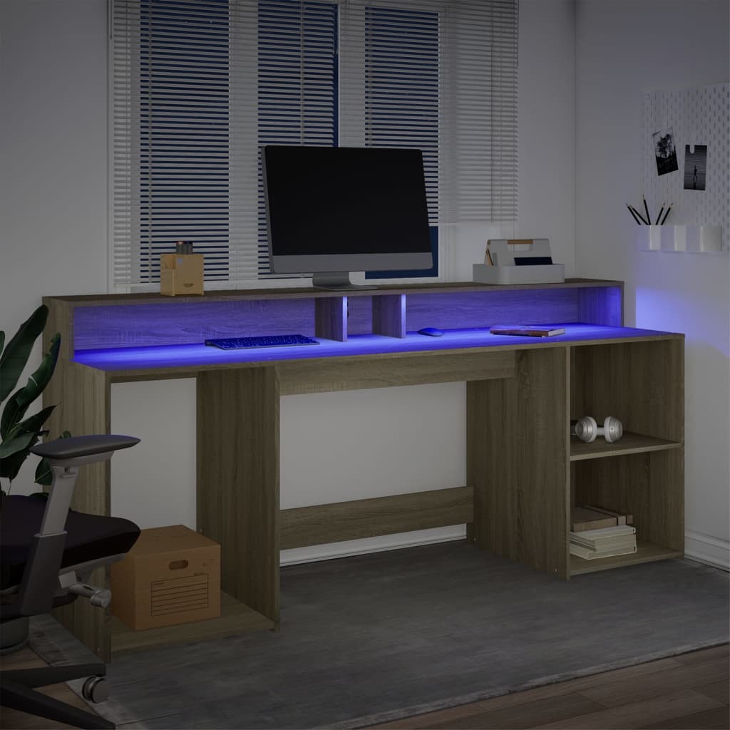 Radni stol s LED svjetlima boja hrasta 200 x 55 x 91 cm drveni