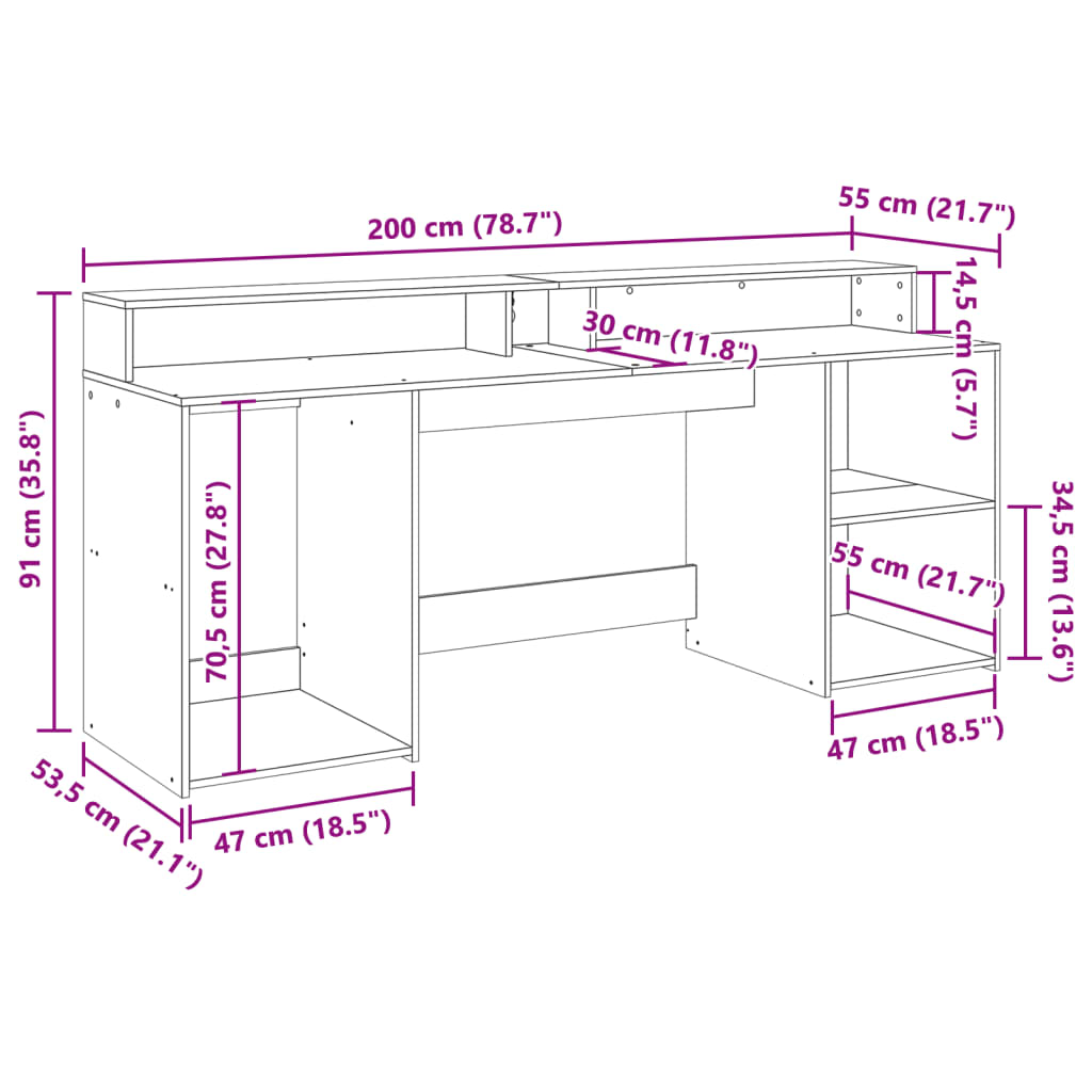 Radni stol s LED svjetlima smeđa boja hrasta 200x55x91cm drveni