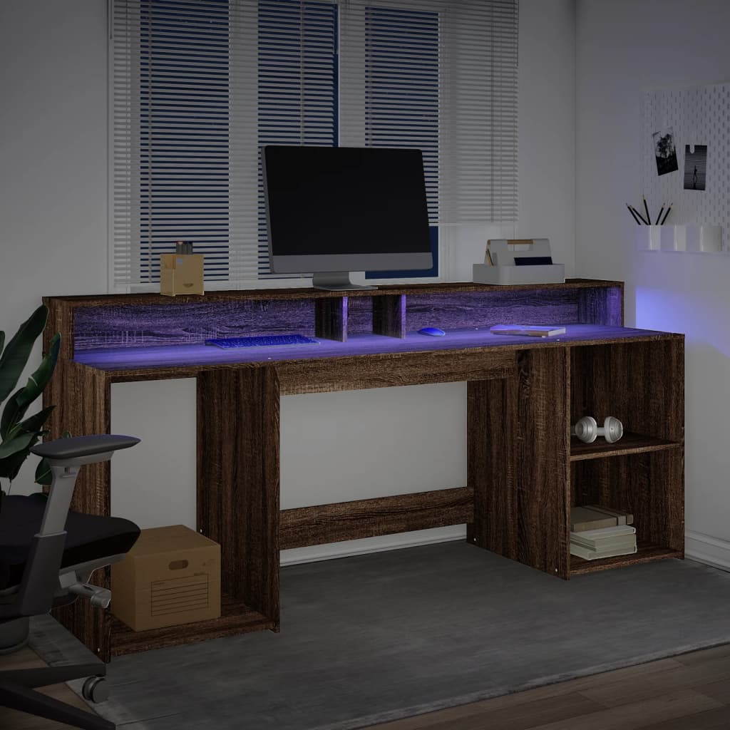 Radni stol s LED svjetlima smeđa boja hrasta 200x55x91cm drveni