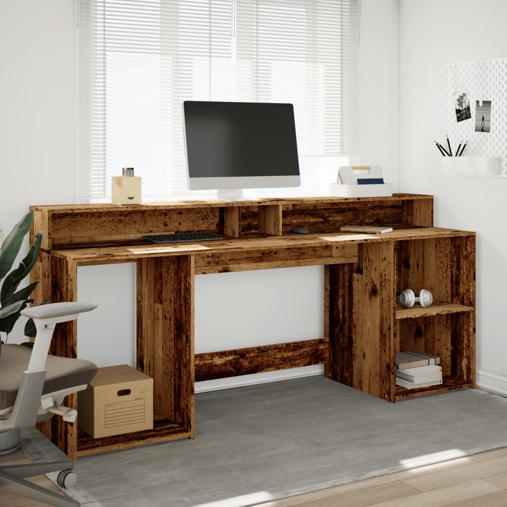 Radni stol s LED svjetlima boja starog drva 200x55x91 cm drveni