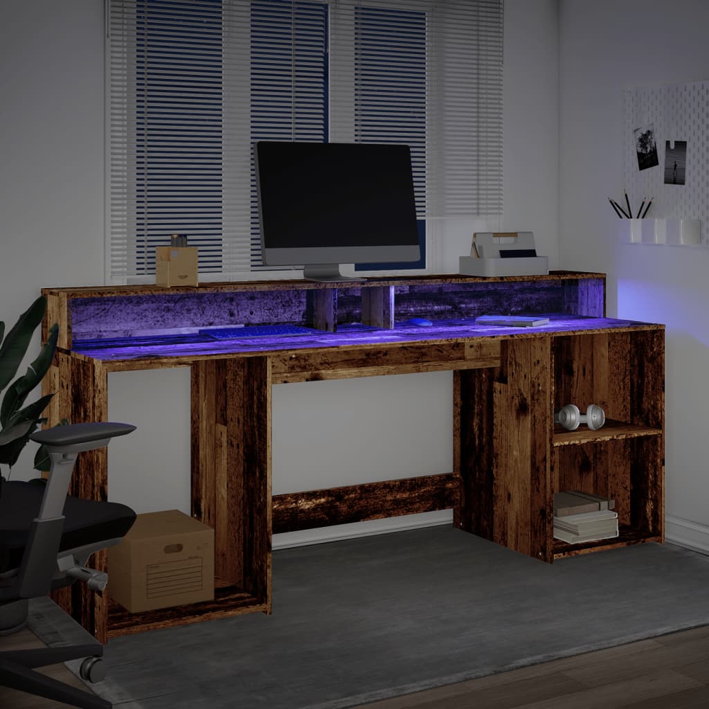 Radni stol s LED svjetlima boja starog drva 200x55x91 cm drveni