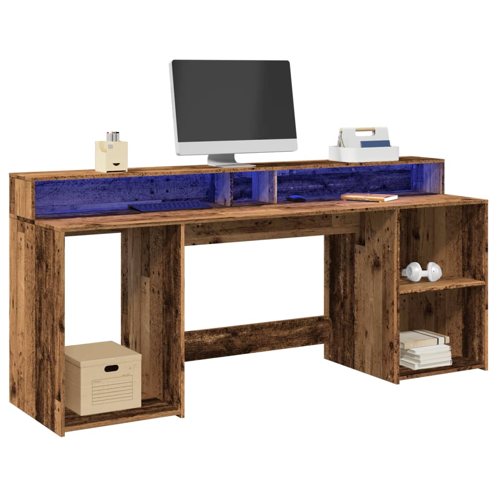 Radni stol s LED svjetlima boja starog drva 200x55x91 cm drveni