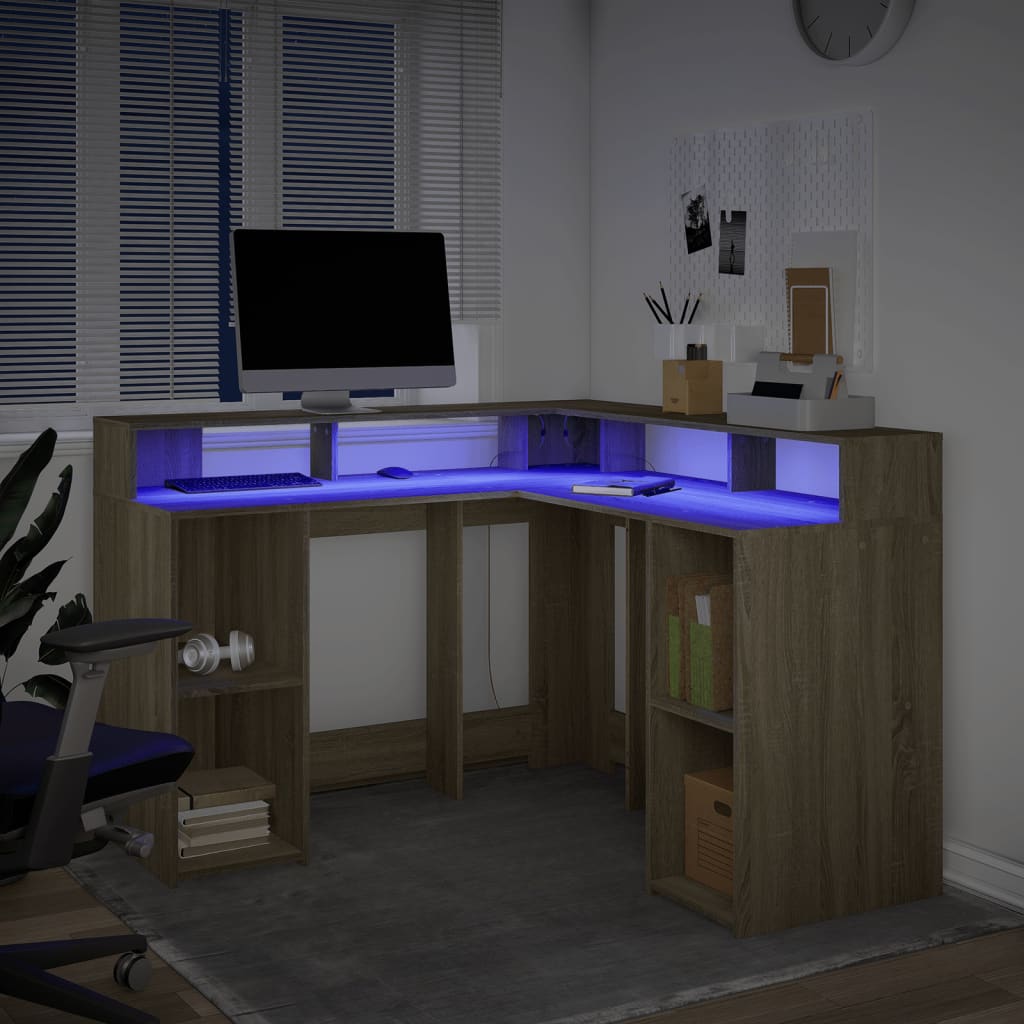 Radni stol s LED svjetlima hrast 130x130x91cm konstruirano drvo