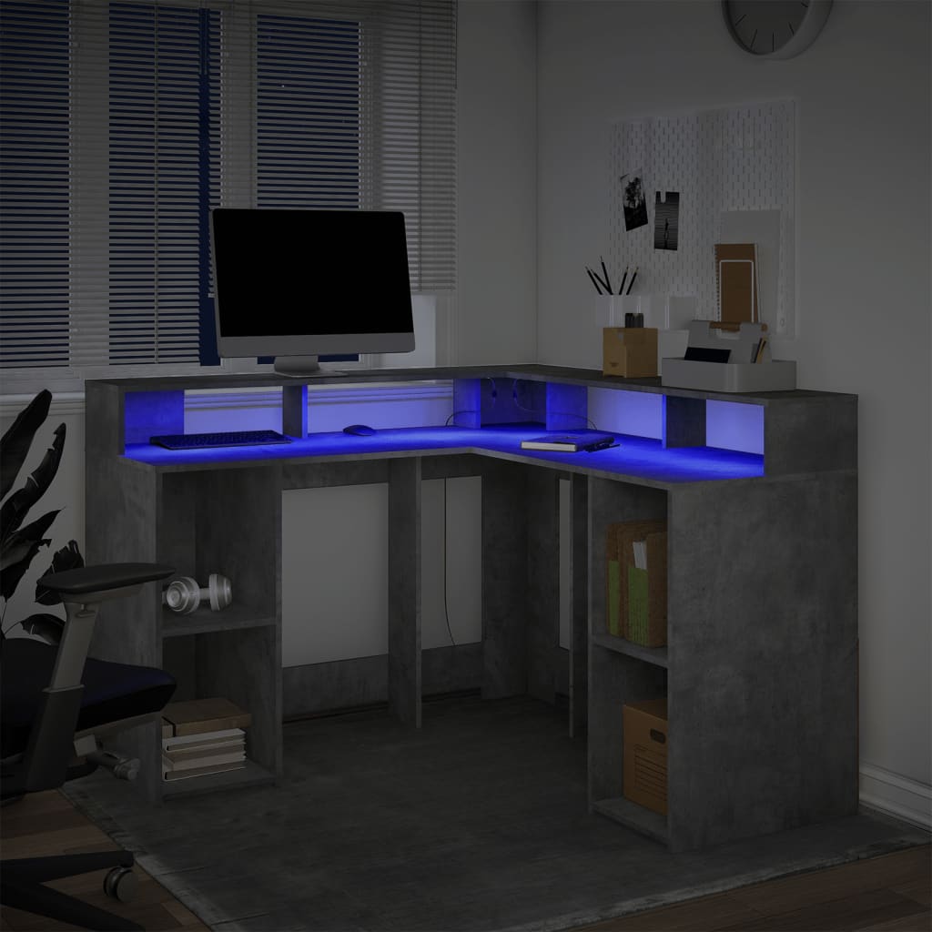 Radni stol s LED svjetlima sivi 130x130x91 cm konstruirano drvo