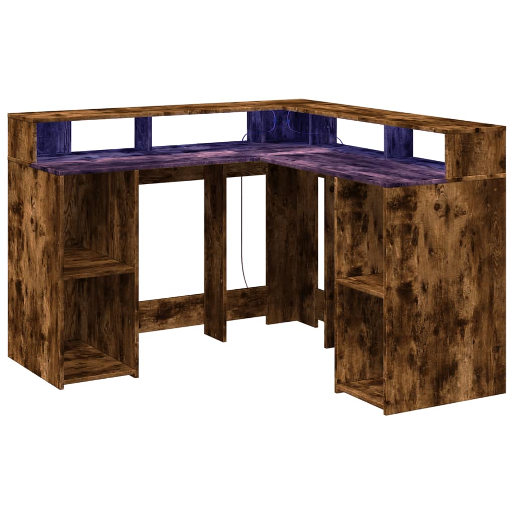 Radni stol s LED svjetlima boja hrasta 130x130x91 cm drveni