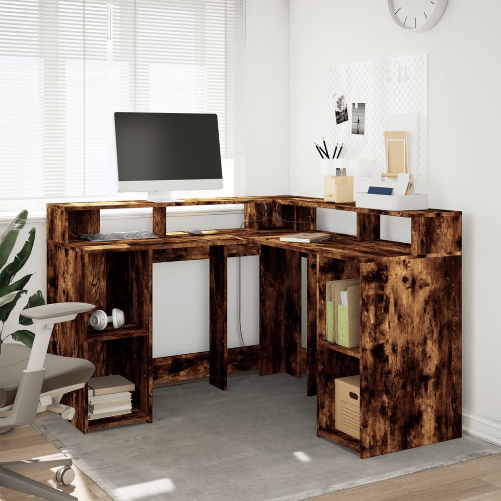 Radni stol s LED svjetlima boja hrasta 130x130x91 cm drveni