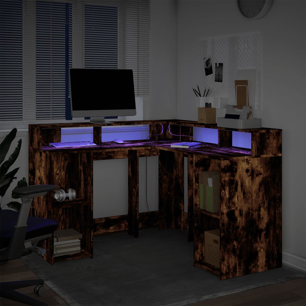 Radni stol s LED svjetlima boja hrasta 130x130x91 cm drveni