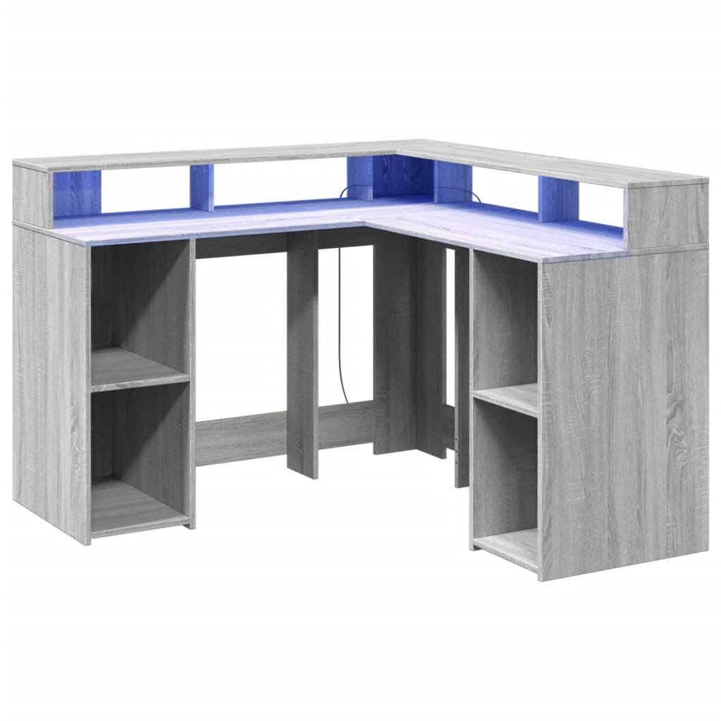 Radni stol s LED svjetlima siva boja hrasta 130x130x91cm drveni