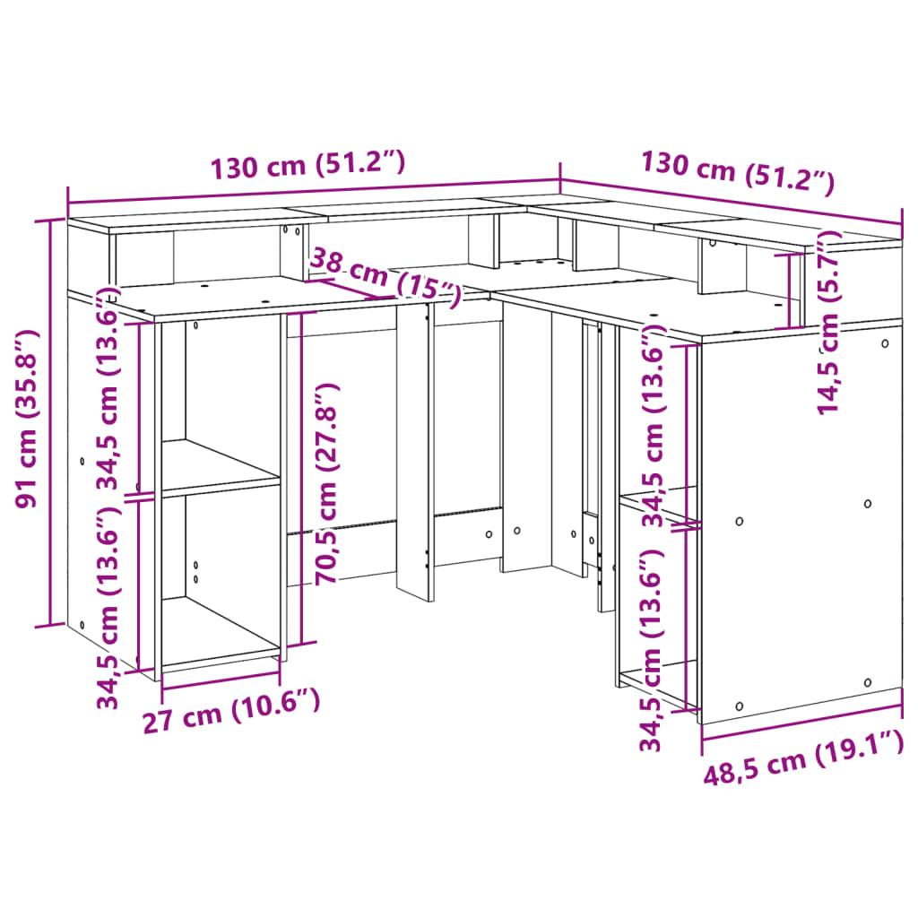 Radni stol s LED svjetlima siva boja hrasta 130x130x91cm drveni