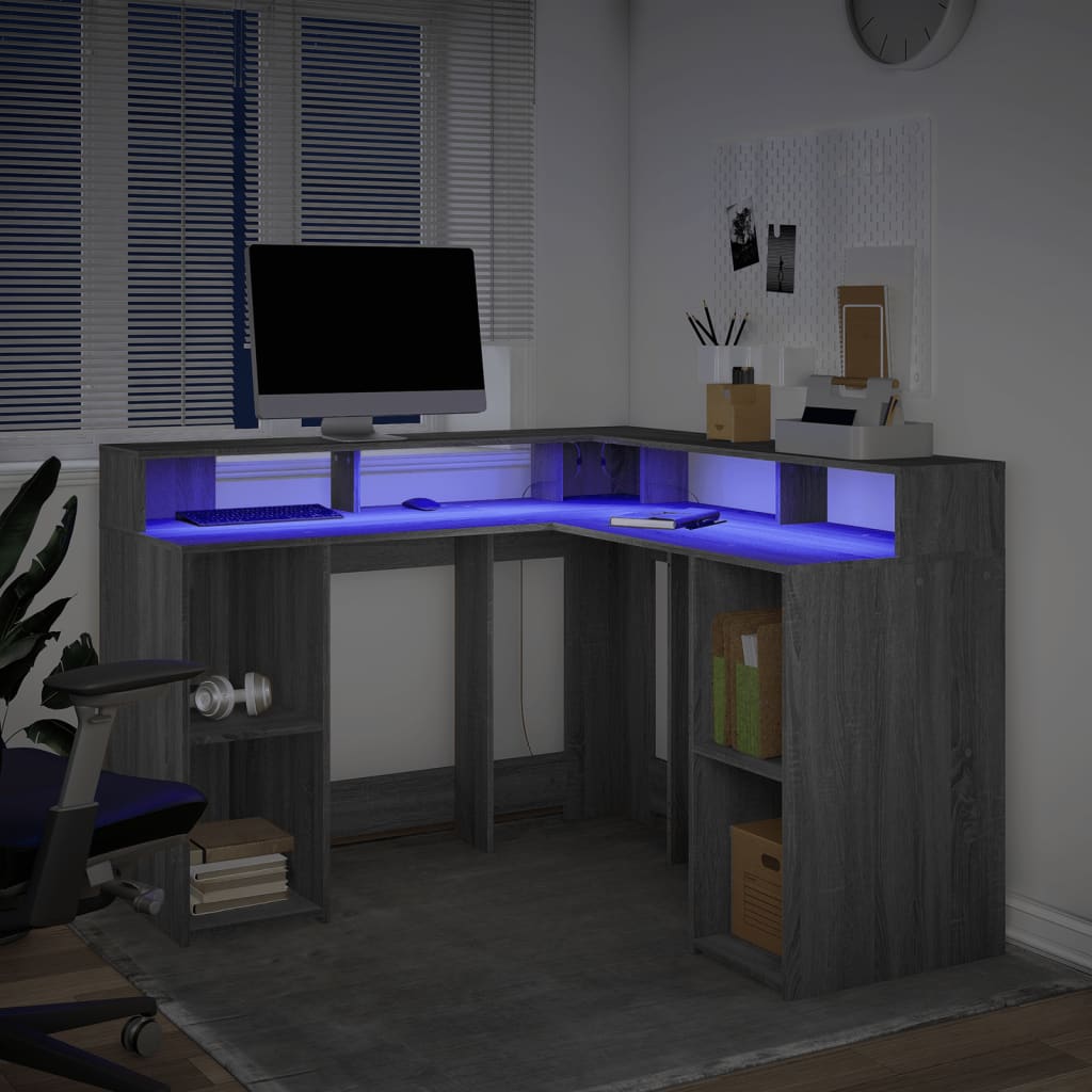 Radni stol s LED svjetlima siva boja hrasta 130x130x91cm drveni