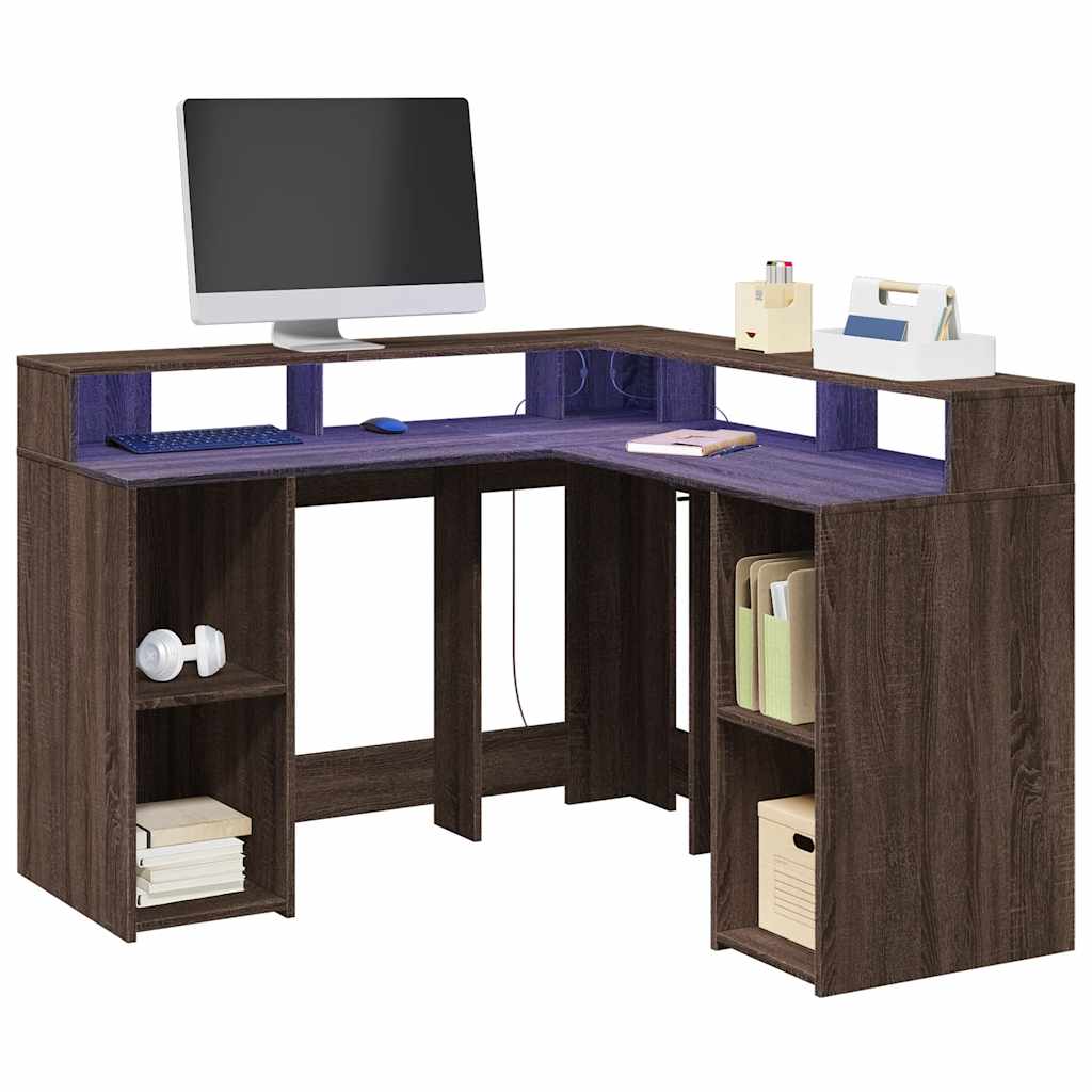 Radni stol LED svjetlima smeđa boja hrasta 130x130x91 cm drveni