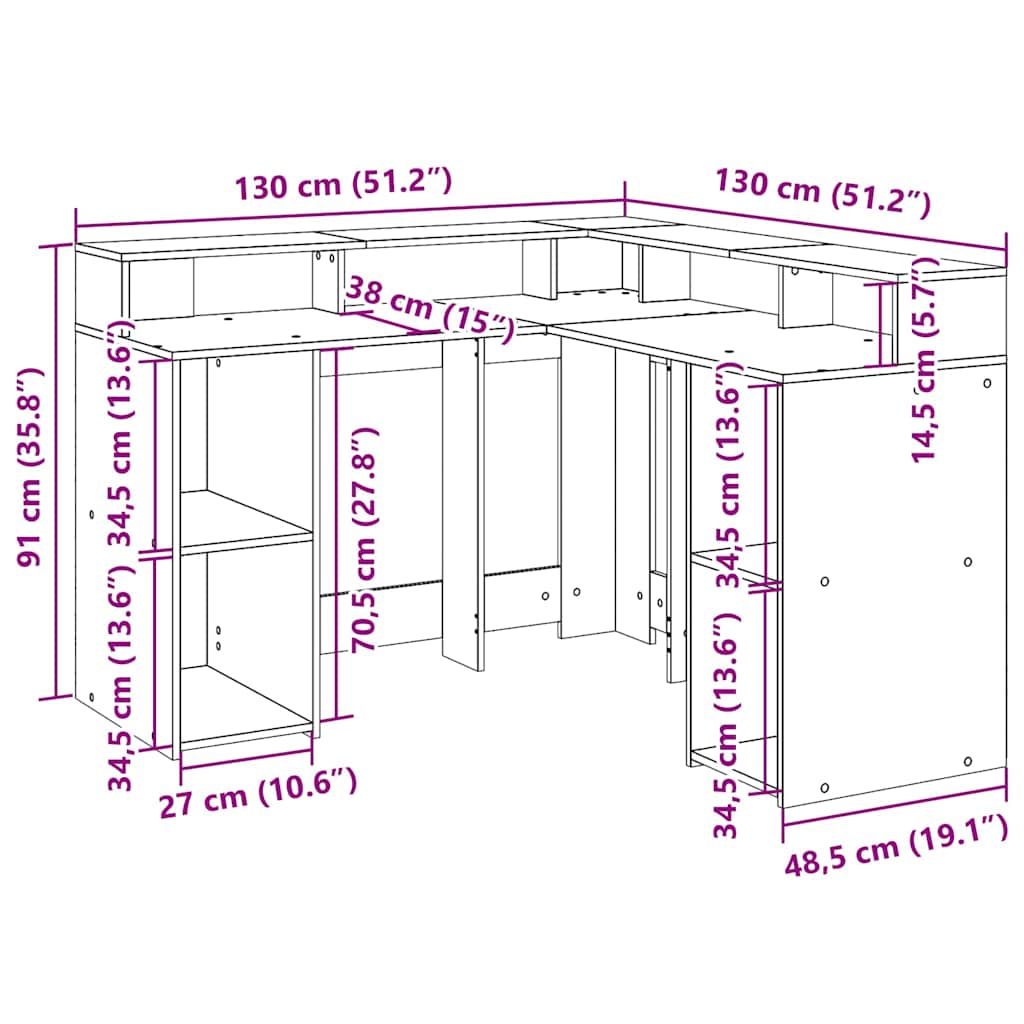 Radni stol s LED svjetlima boja hrasta 130 x 130 x 91 cm drveni