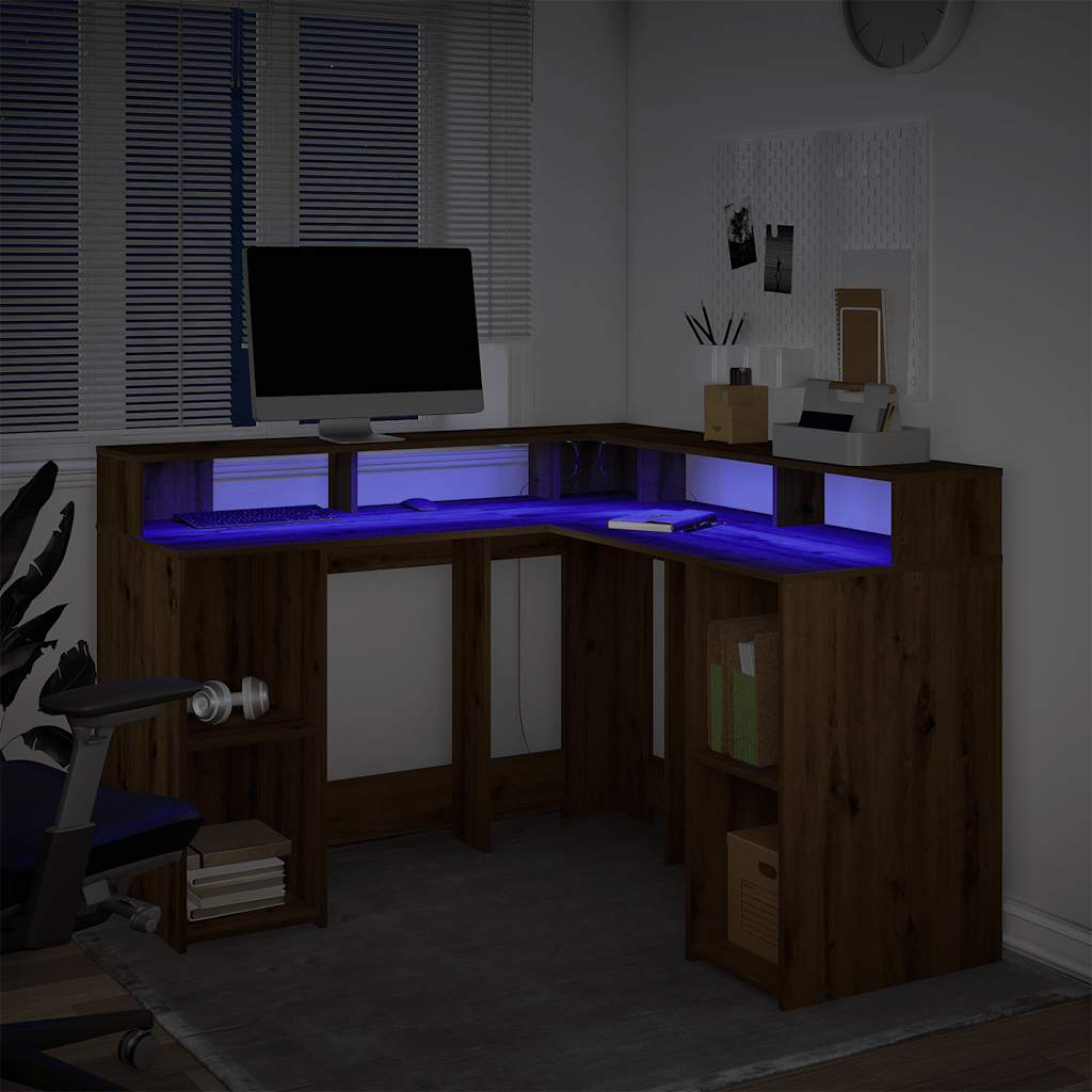 Radni stol s LED svjetlima boja hrasta 130 x 130 x 91 cm drveni