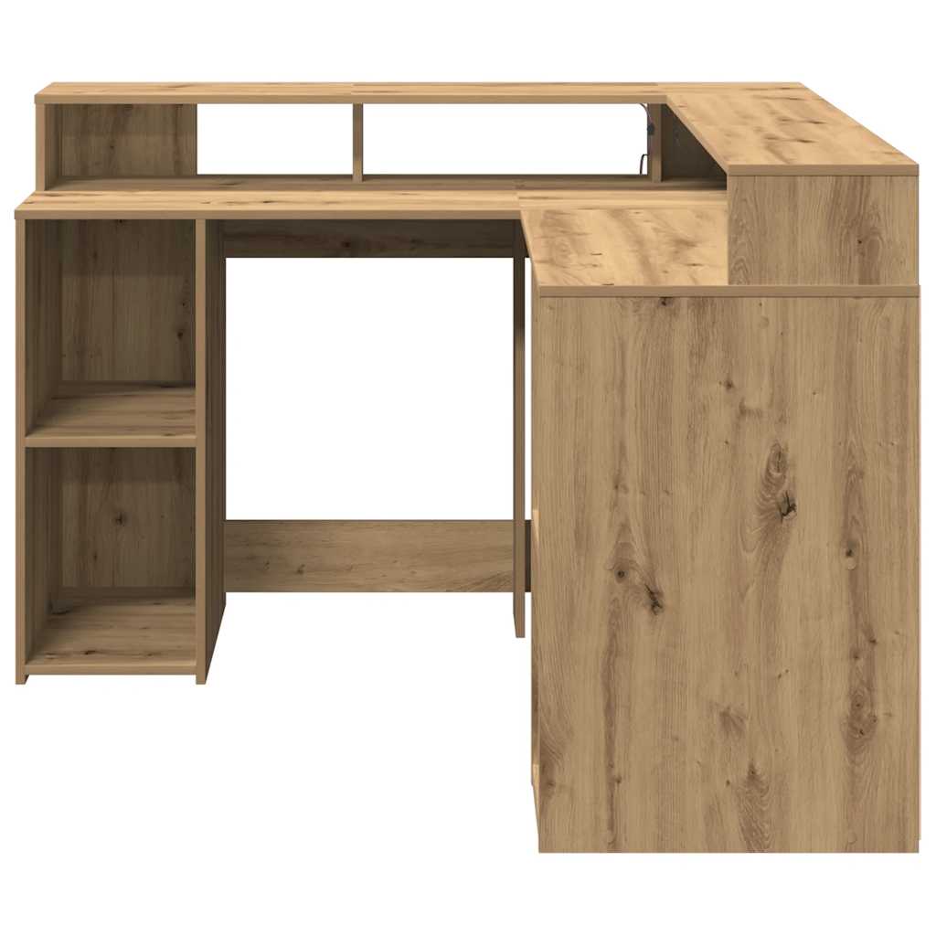 Radni stol s LED svjetlima boja hrasta 130 x 130 x 91 cm drveni