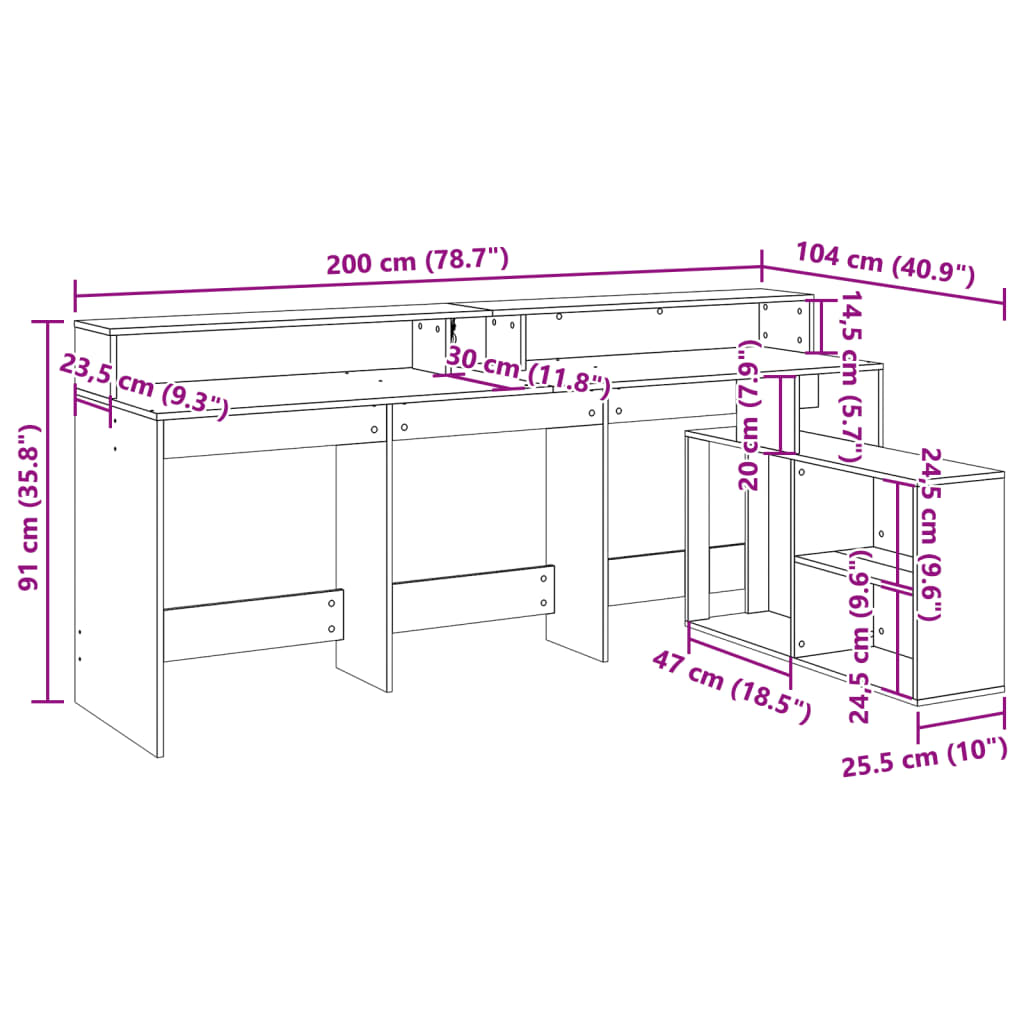 Radni stol LED bijeli 200 x 104 x 91 cm od konstruiranog drva