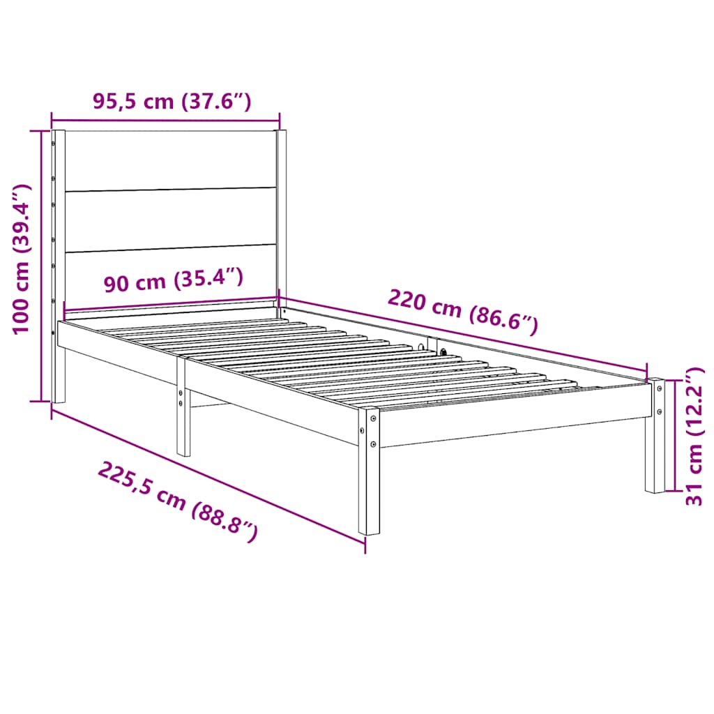 Dugi okvir kreveta bez madraca 90 x 220 cm masivno drvo