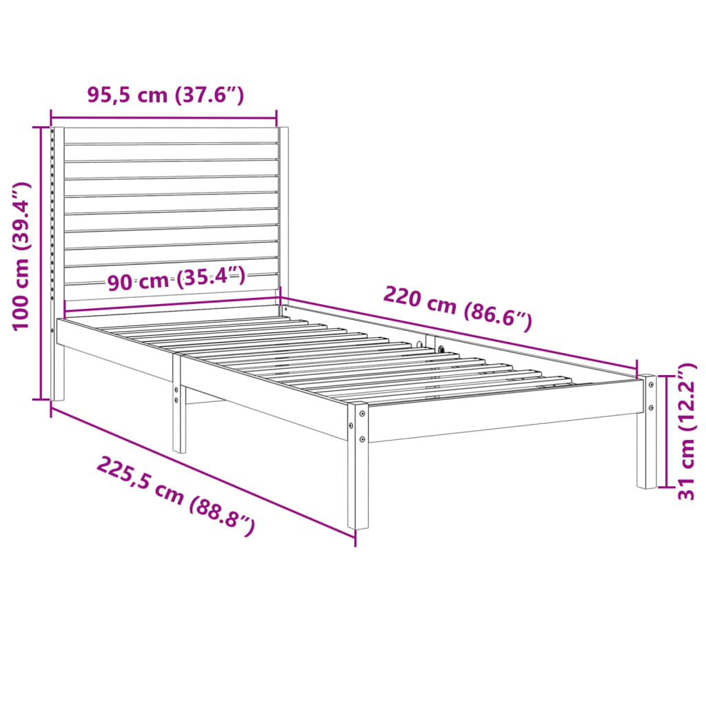 Dugi okvir kreveta bez madraca 90 x 220 cm masivno drvo