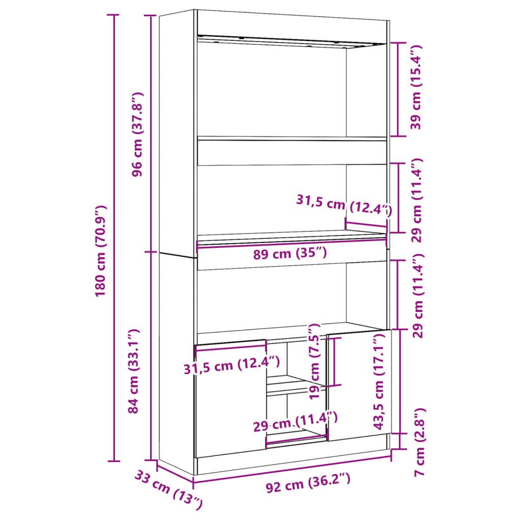 Visoka komoda siva boja hrasta 92x33x180 cm konstruirano drvo