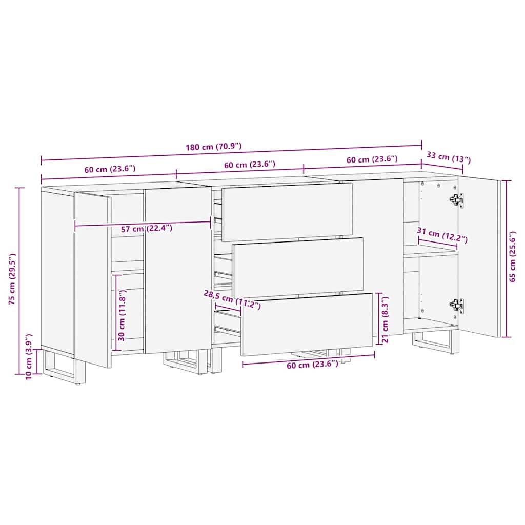 Komoda od 3 komada crna 60x33x75 cm Puno drvo Mango