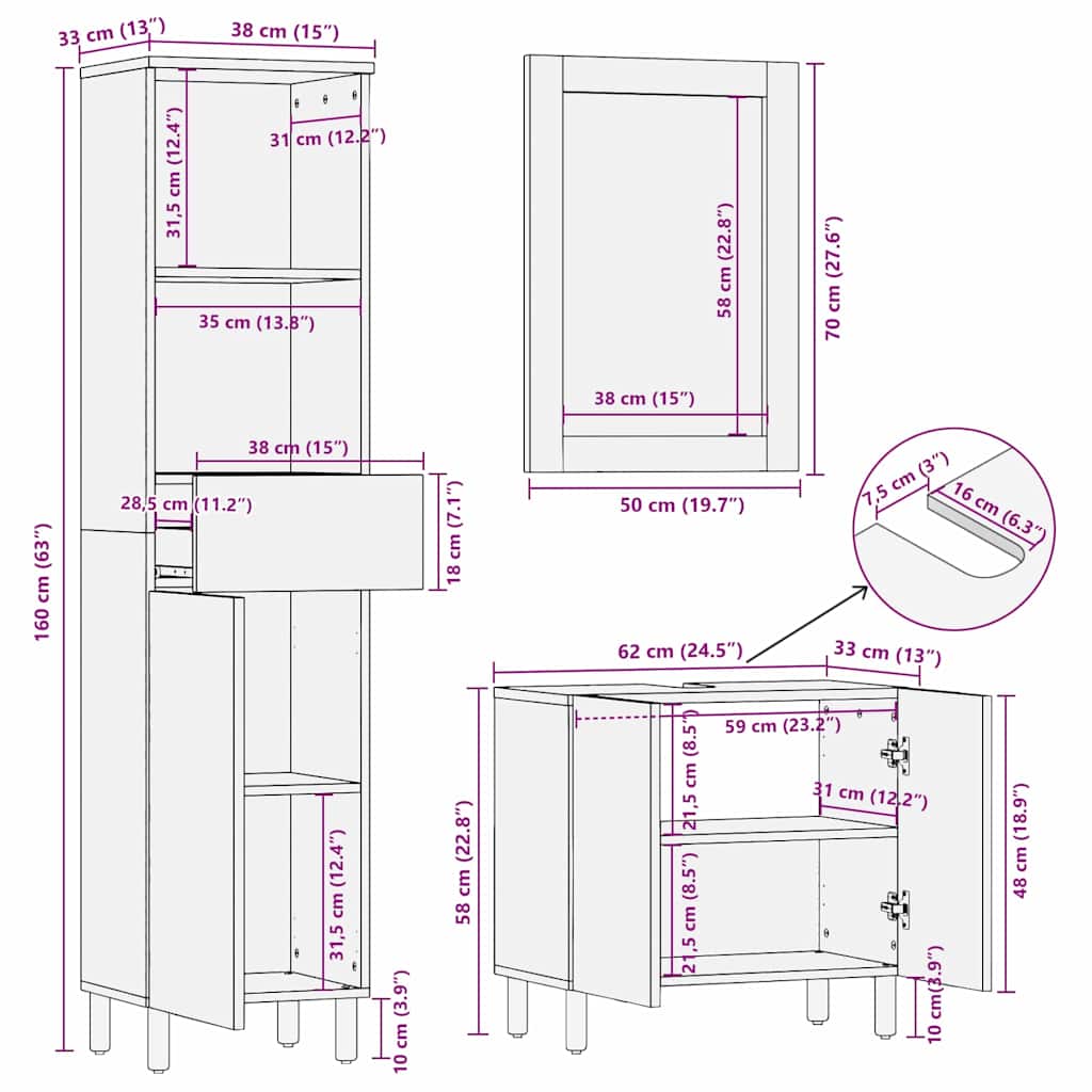Set ormarića za kupaonicu 3 kom. Prirodna 38 x 33 x 160 cm