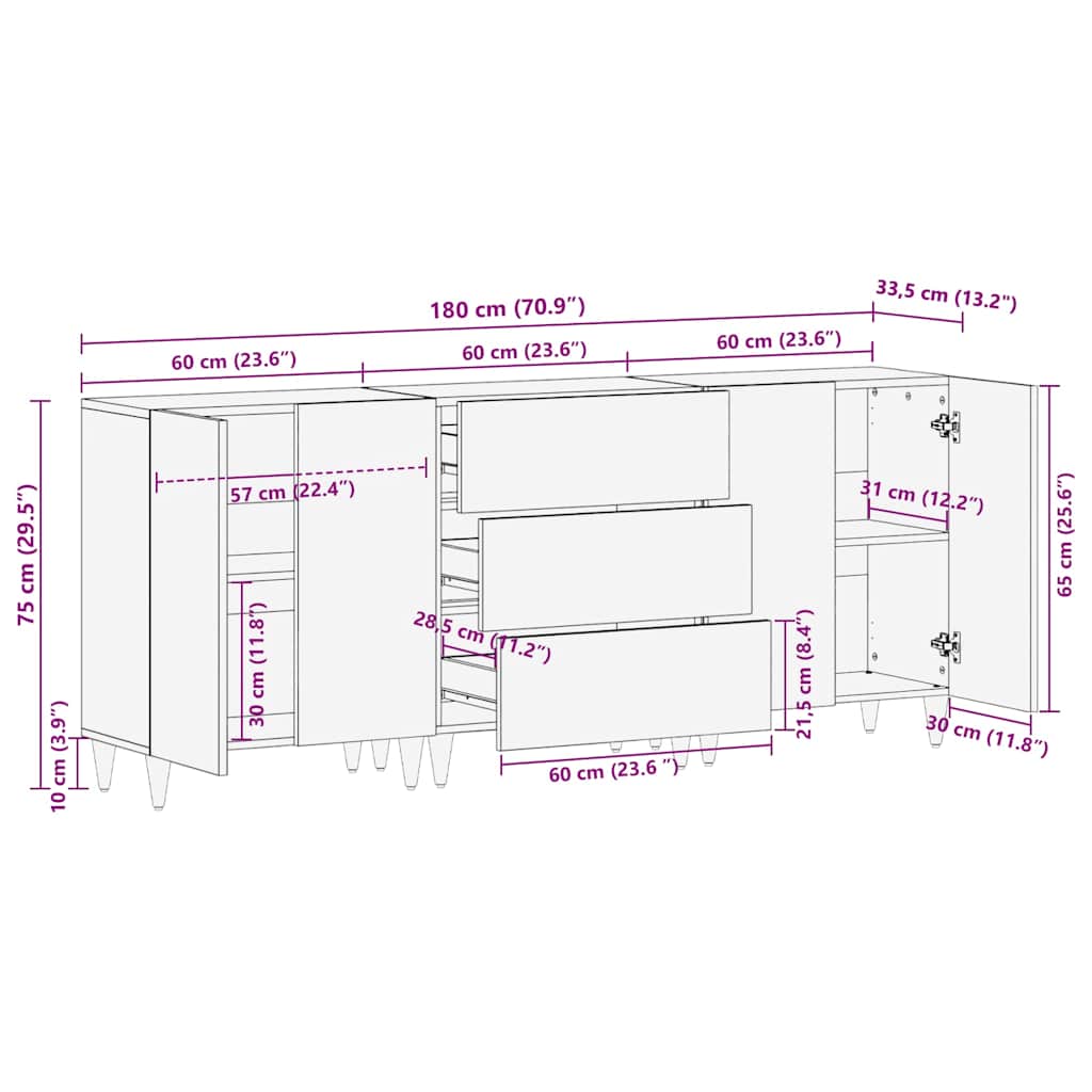 Komoda od 3 komada svijetlo siva 60x33,5x75 cm Puno drvo Mango