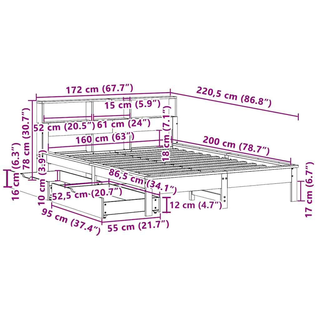 Krevet s regalom za knjige bez madraca 160x200 cm od borovine
