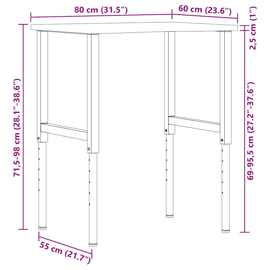 Radni stol 80x60x(71,5-98) cm puno drvo hrast