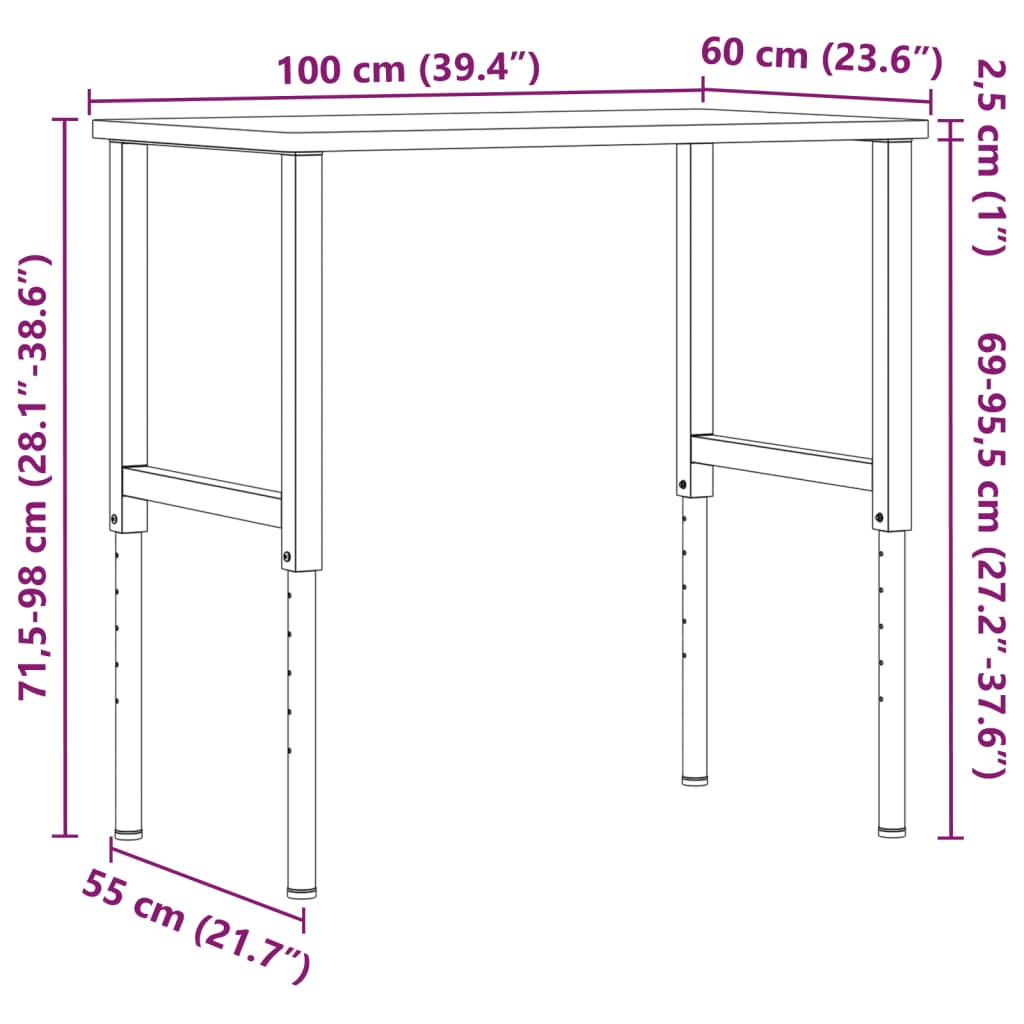 Radni stol 100x60x(71,5-98) cm od masivne hrastovine pravokutni