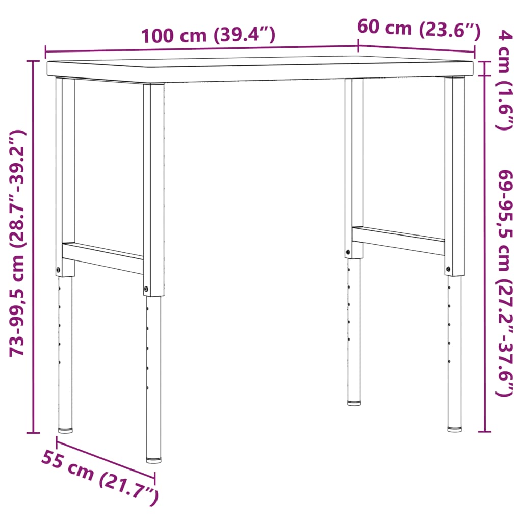 Radni stol 100x60x(73-99,5) cm od masivne bukovine pravokutni