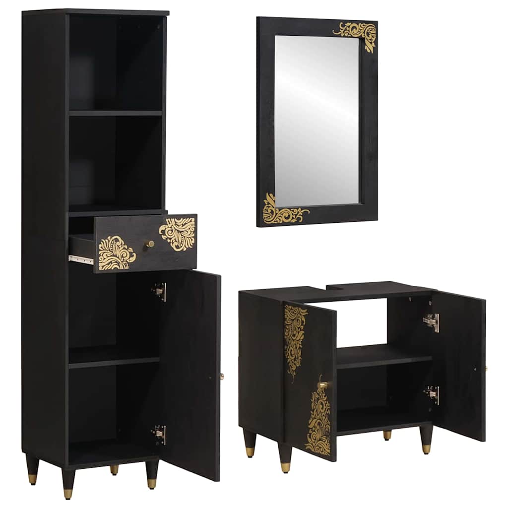 Set ormarića za kupaonicu Zidne 3 pcs Crna Čvrsto drvo manga