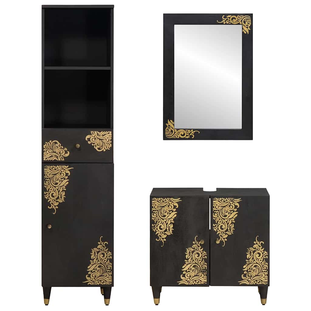 Set ormarića za kupaonicu Zidne 3 pcs Crna Čvrsto drvo manga