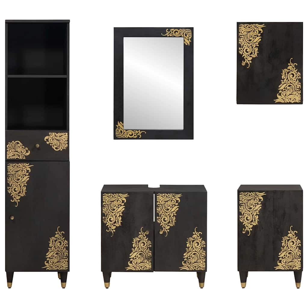 Set ormarića za kupaonicu Zidne 5 pcs Crna Čvrsto drvo manga
