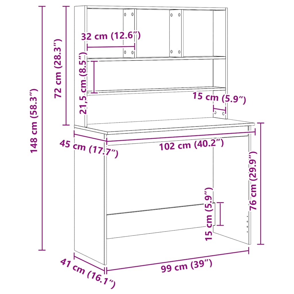 Radni stol s policama boja hrasta artisan 102x45x148 cm drveni