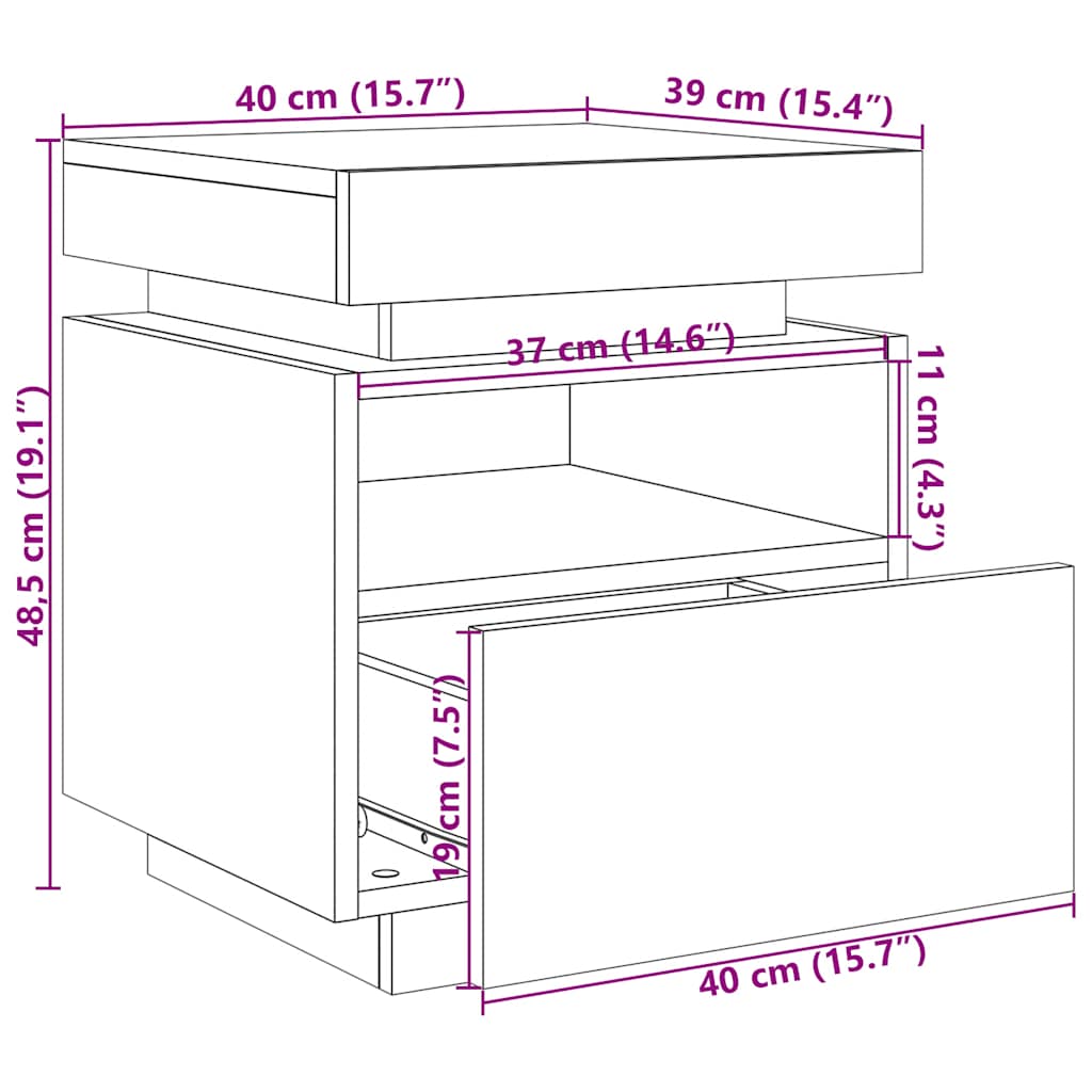 Noćni ormarić s LED svjetlima staro drvo 40x39x48,5 cm