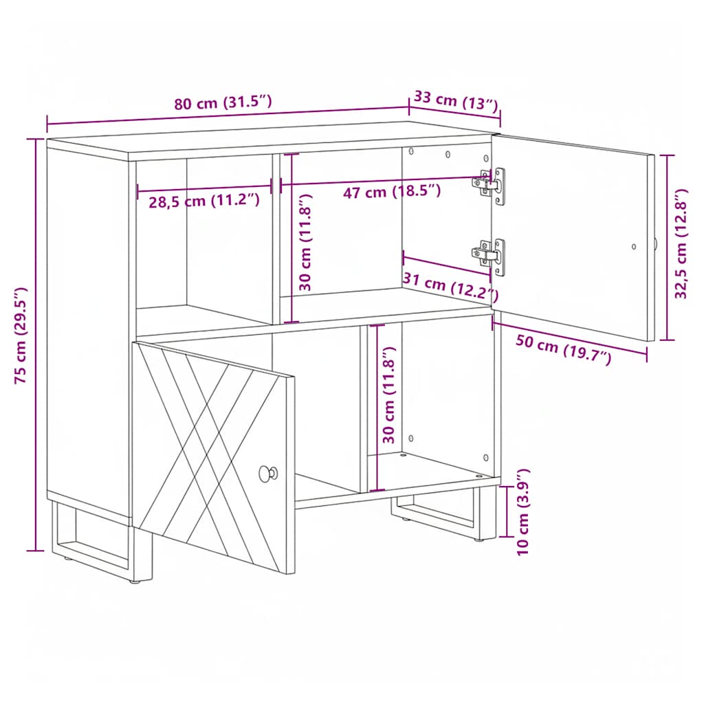 Komoda crna 80x33x75 cm Puno drvo Mango