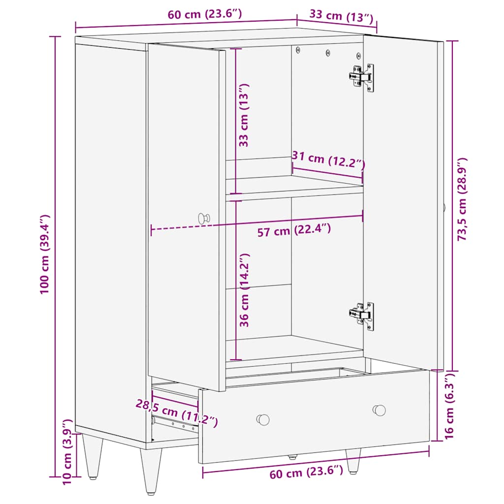 Visoka ploča 60x33x100 cm Puno drvo Mango