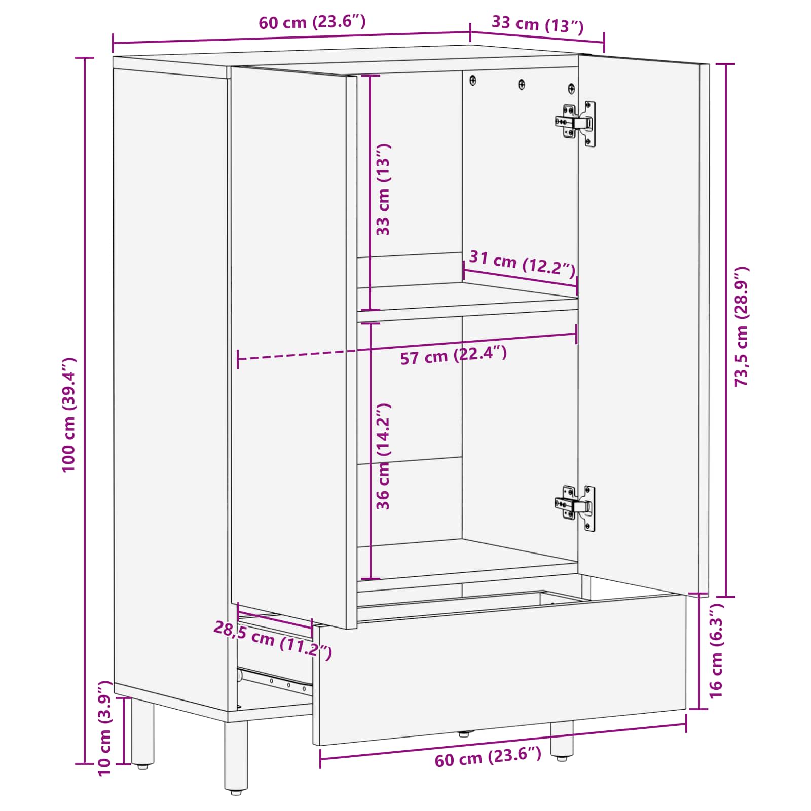 Highboard s ladicama Finš bijelog pranja 60 x 33 x 100 cm