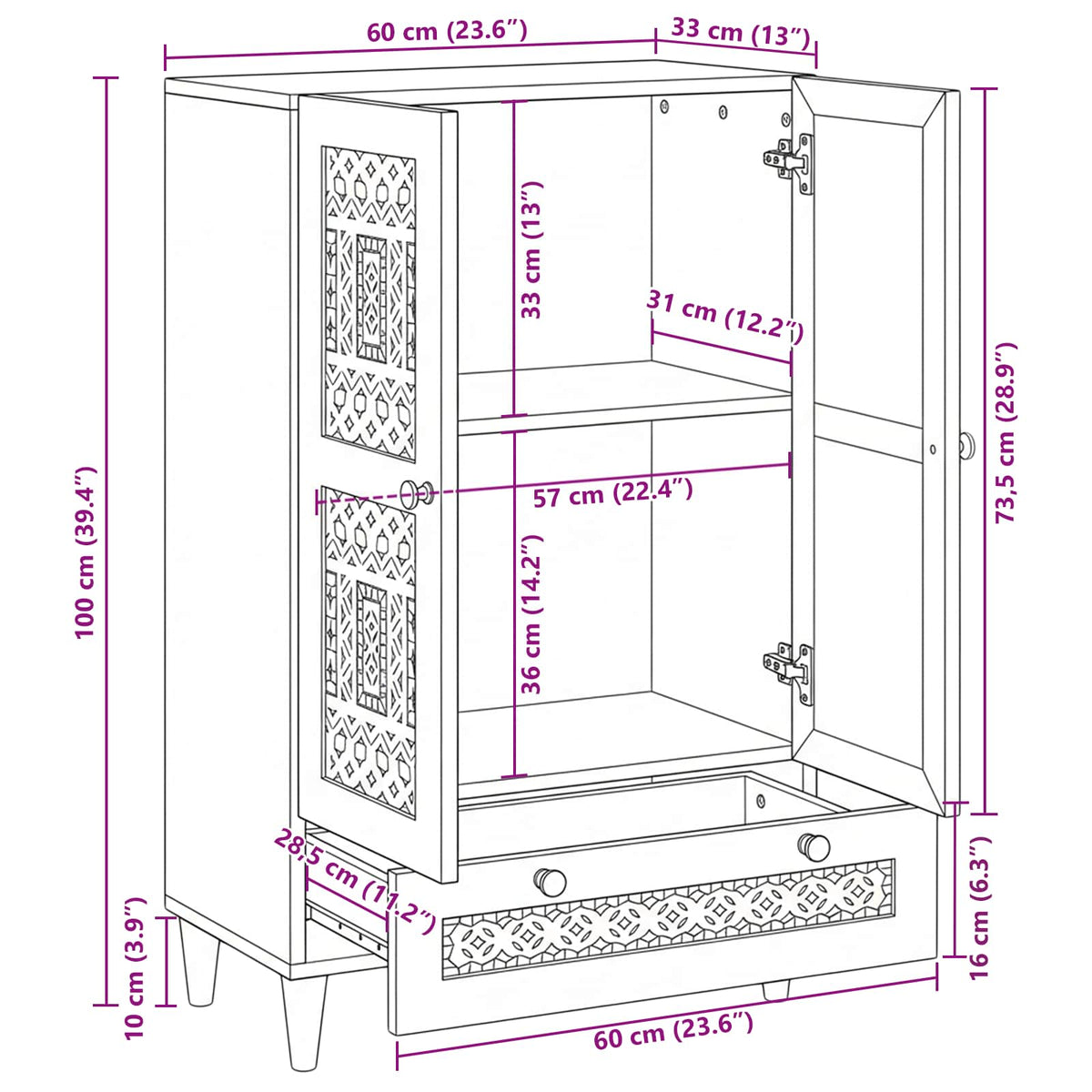Highboard Bijelo 60 x 33 x 100 cm masivno drvo manga