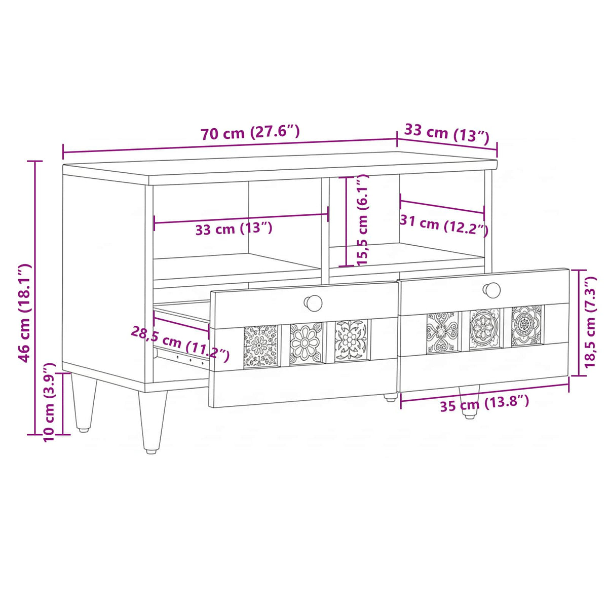 TV ormar s ladicama Prirodna 70 x 33 x 46 cm Čvrsto drvo manga
