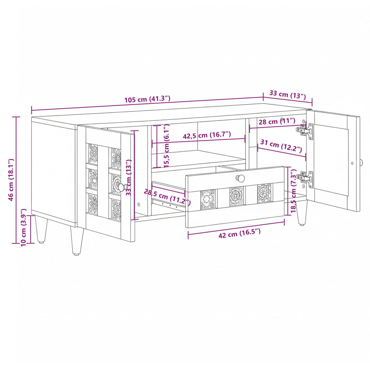 TV ormar Prirodna 105 x 33,5 x 46 cm Čvrsto drvo manga