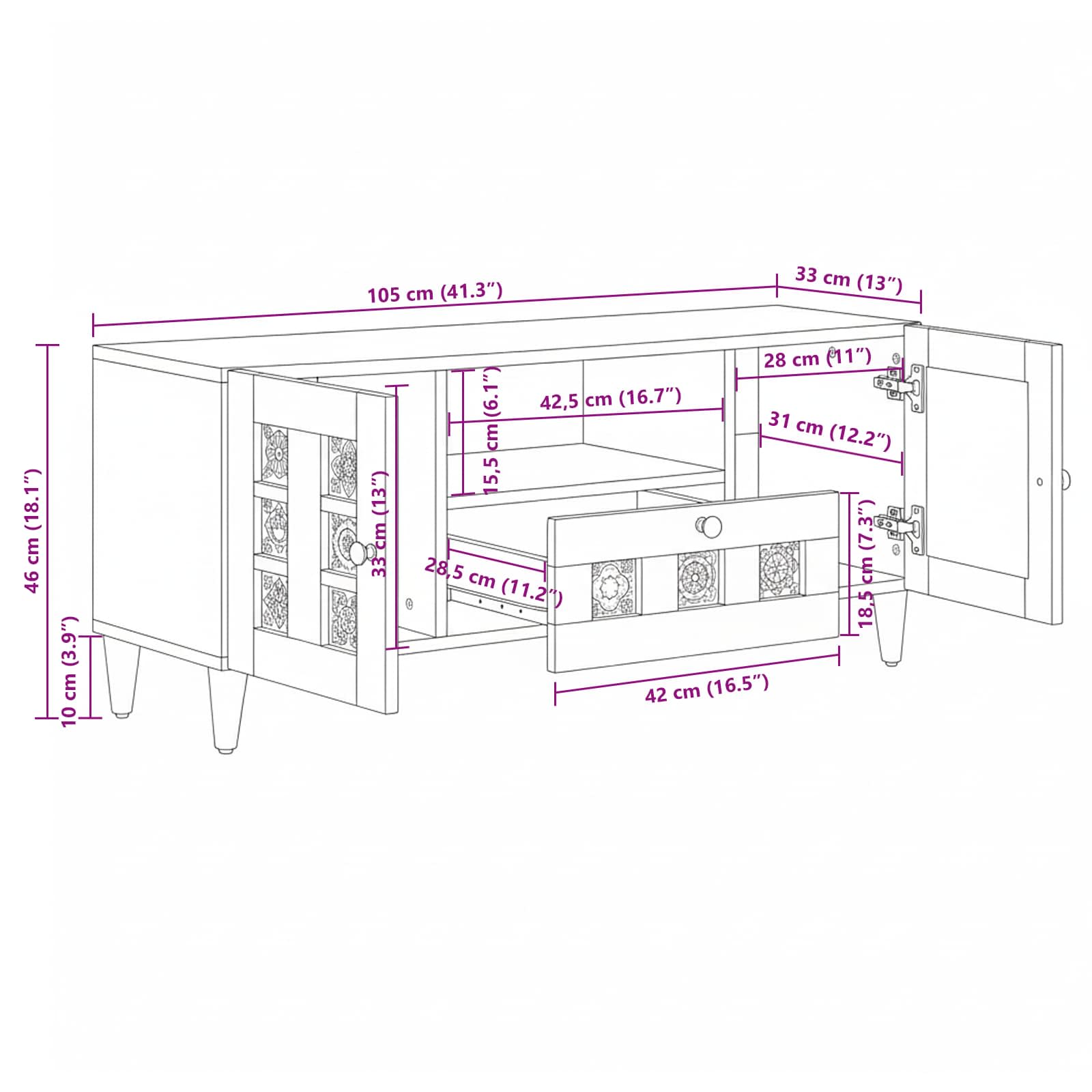 TV ormar Prirodna 105 x 33,5 x 46 cm Čvrsto drvo manga