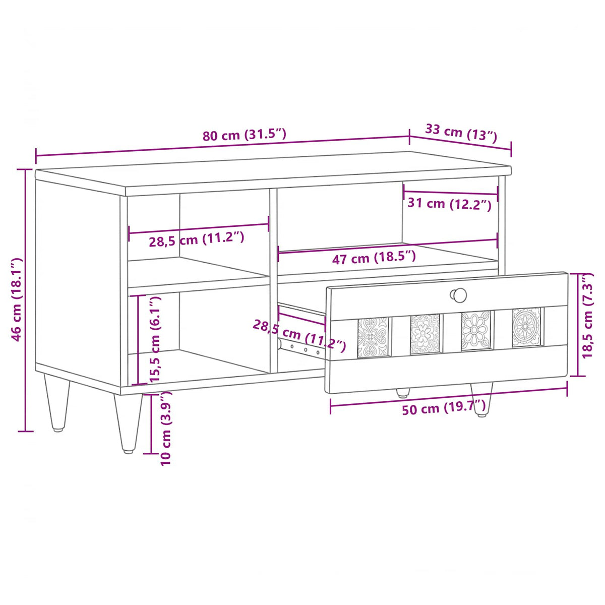 TV ormar s ladicama Prirodna 80 x 33 x 46 cm Čvrsto drvo manga