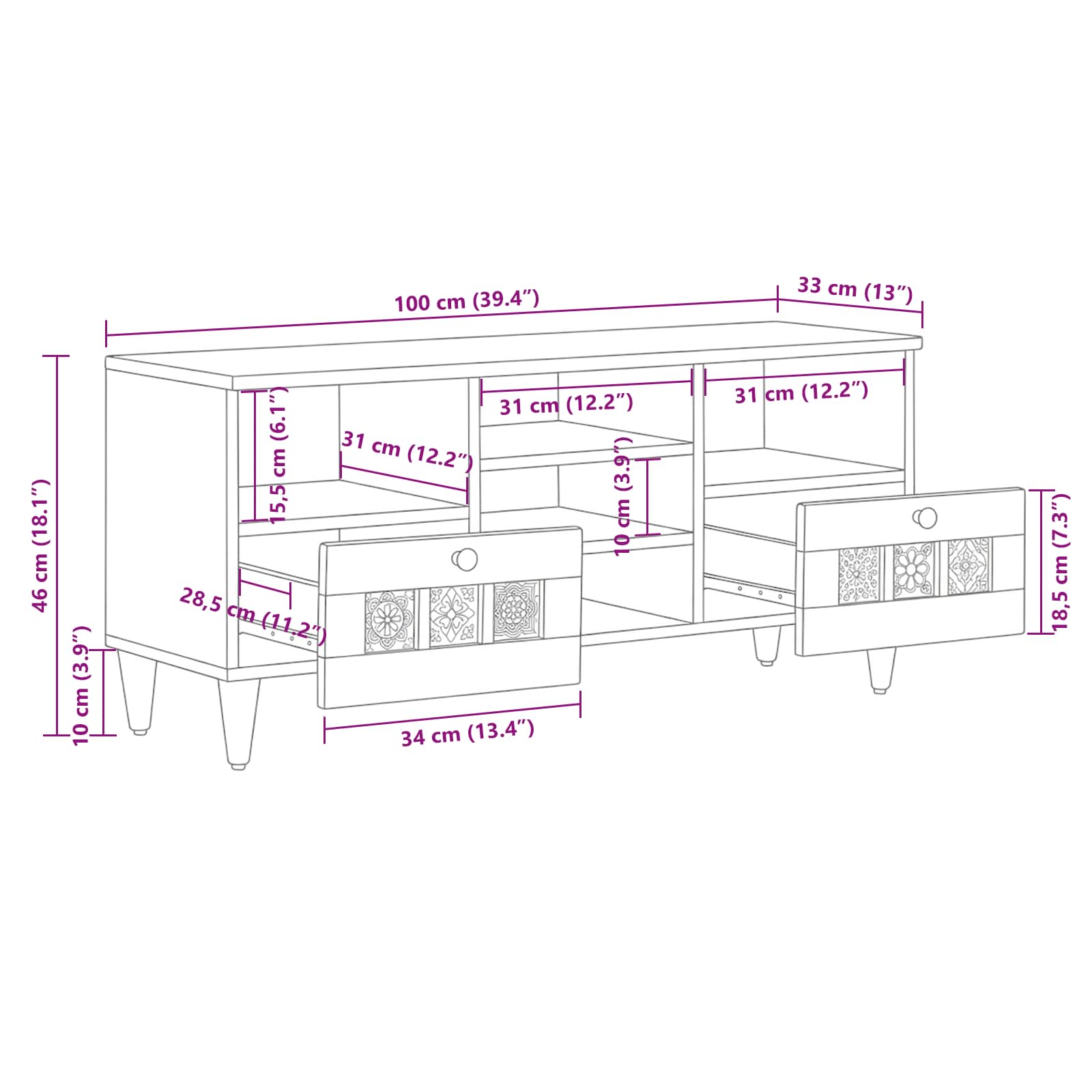 TV ormar s ladicama Prirodna 100 x 33 x 46 cm Čvrsto drvo manga