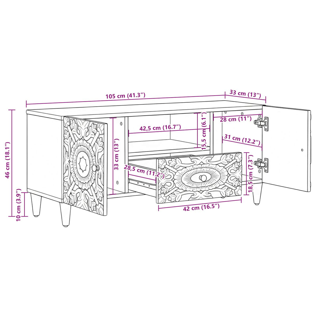 TV ormar s ladicama Smeđa 105 x 33,5 x 46 cm Čvrsto drvo manga