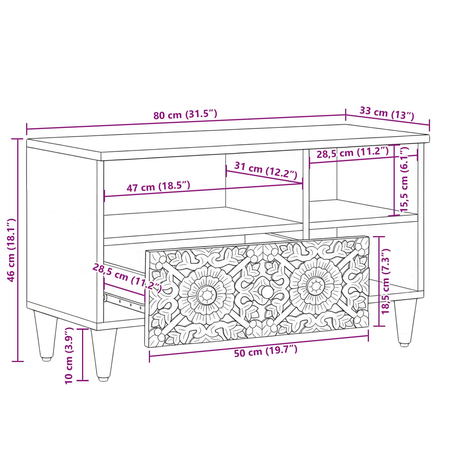 TV ormar s ladicama Smeđa 80 x 33,5 x 46 cm Čvrsto drvo manga