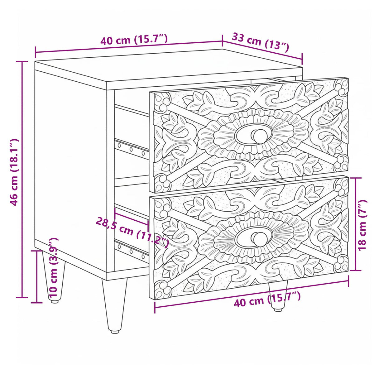 Noćni ormar 2 pcs Bijelo 40 x 33,5 x 46 cm Čvrsto drvo manga