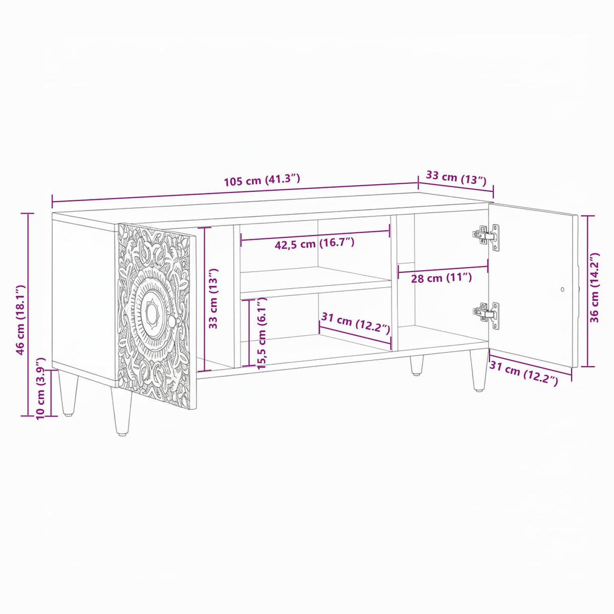 TV ormar s pohranom Bijelo 105 x 33,5 x 46 cm Čvrsto drvo manga